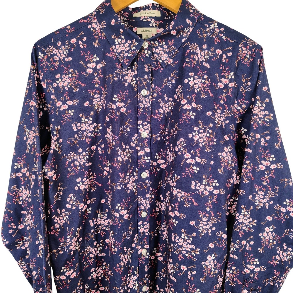 LL Bean Womens SZ M Wrinkle Free Shirt Navy Pink Floral Cotton Cottagecore